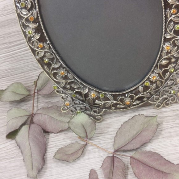 Ornament Oval Photo Frame Decorative Jeweled Photo Display Stones Floral Pattern - Picture 7 of 13